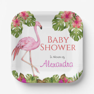 Girl Baby Shower Pink Flamingo Tropical Wildlife   Paper Plate