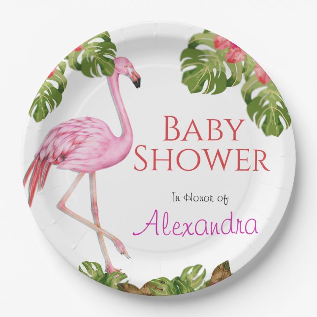 Girl Baby Shower Pink Flamingo Tropical Wildlife   Paper Plate (Front)