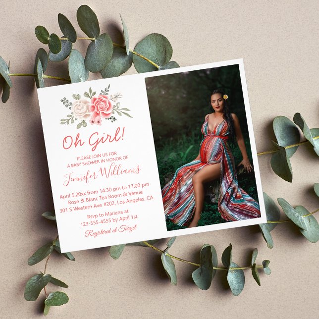  girl baby shower pink floral photo invitation flyer (Creator Uploaded)