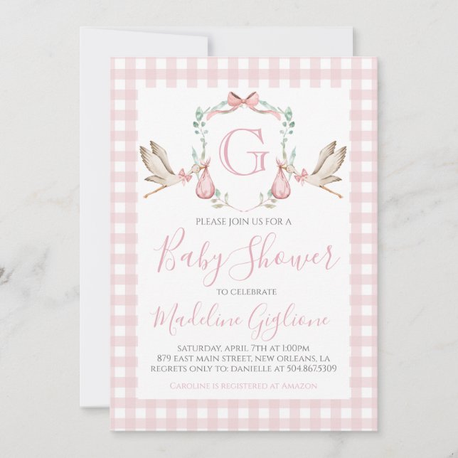 Girl Baby Shower Pink Gingham Stork Monogram Invitation (Front)