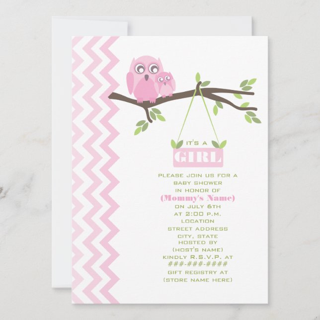 Girl Baby Shower Pink Mother & Baby Owl Invitation (Front)