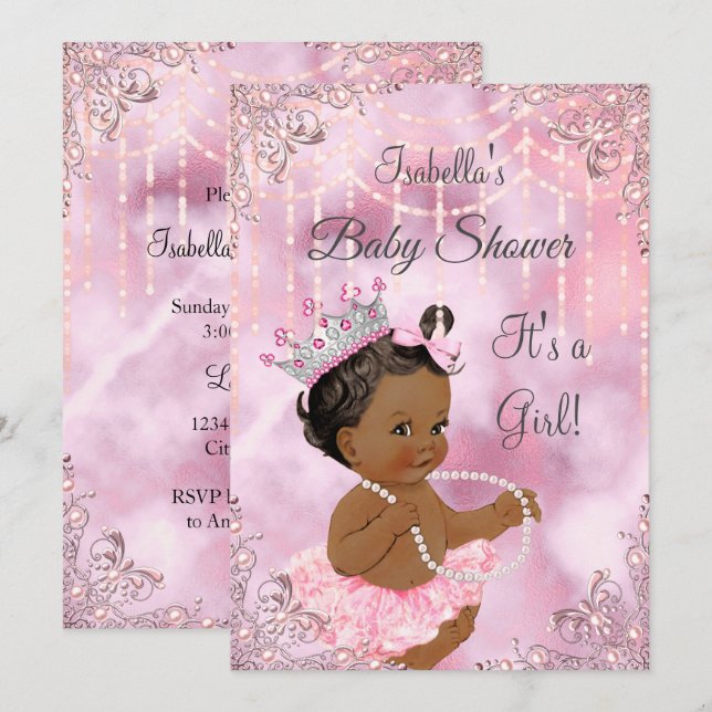 Girl Baby Shower Pink Pearl African American Invitation (Front/Back)