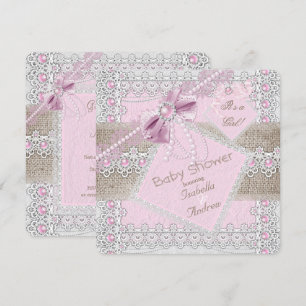 Girl Baby Shower Pink Pearl Bow Lace Burlap 2 Invitation