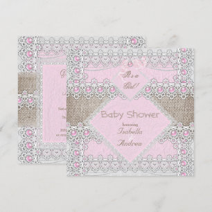 Girl Baby Shower Pink Pearl Bow Lace Burlap 3 Invitation