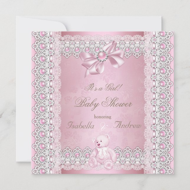 Girl Baby Shower Pink Pearl Bow Lace Damask Invitation (Front)