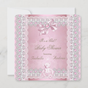 Girl Baby Shower Pink Pearl Bow Lace Damask Invitation