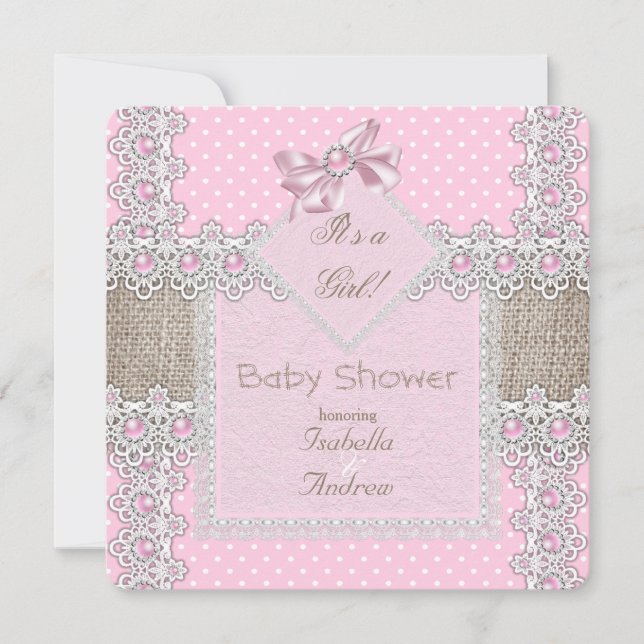 Girl Baby Shower Pink Pearl Bow Lace Polka Dots Invitation (Front)