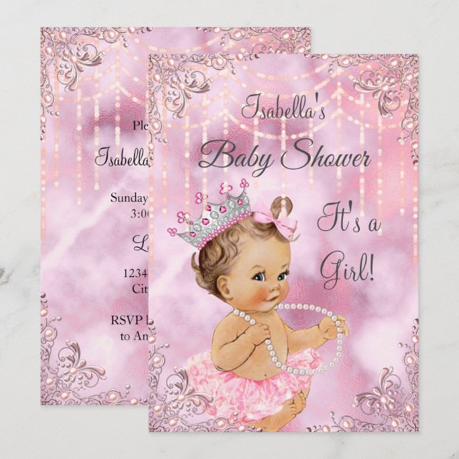 Girl Baby Shower Pink Pearl Brunette Invitation (Front/Back)