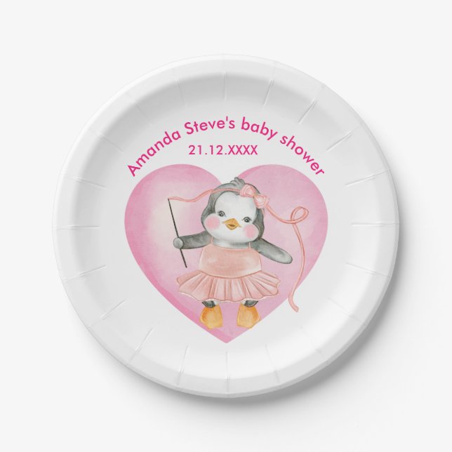 Girl Baby Shower Pink Penguin Animal Paper Plate (Front)