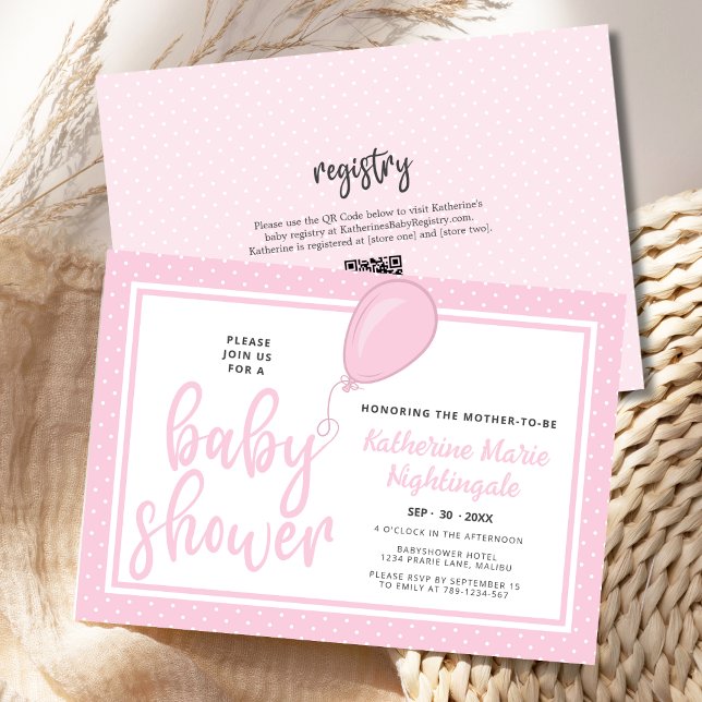 Girl Baby Shower Pink Polka Dot BOHO QR Code Invitation (Pastel Pink Polka Dot Baby Shower Invitation with balloon, QR code, registry.)