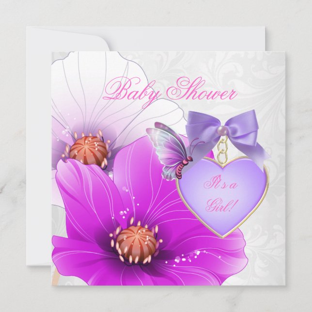 Girl Baby Shower Pink Purple Butterfly Floral Invitation (Front)