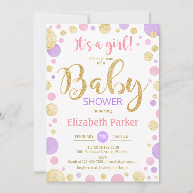 Girl Baby Shower - Pink Purple Gold Dots Invitation (Front)
