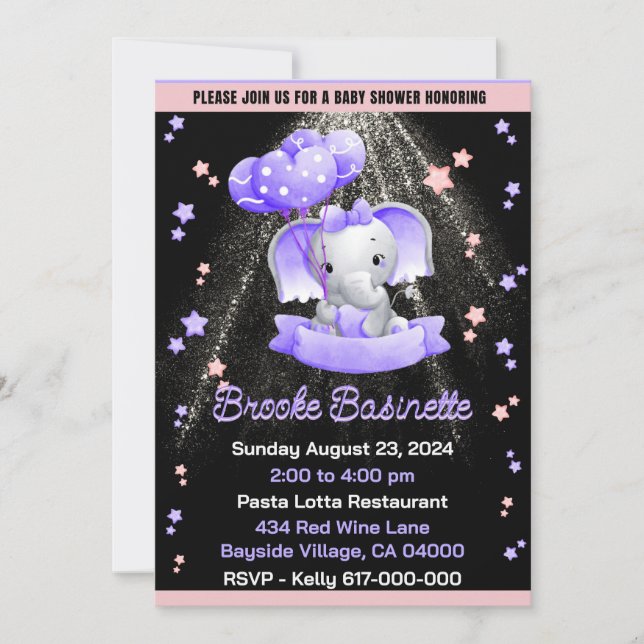 Girl Baby Shower Pink Purple Silver Baby Elephant Invitation (Front)
