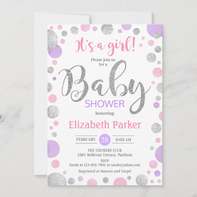 Girl Baby Shower - Pink Purple Silver Dots Invitation (Front)