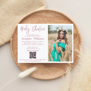 girl baby shower pink script photo qr code invitation