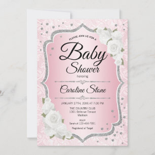 Girl Baby Shower - Pink Silver White Invitation