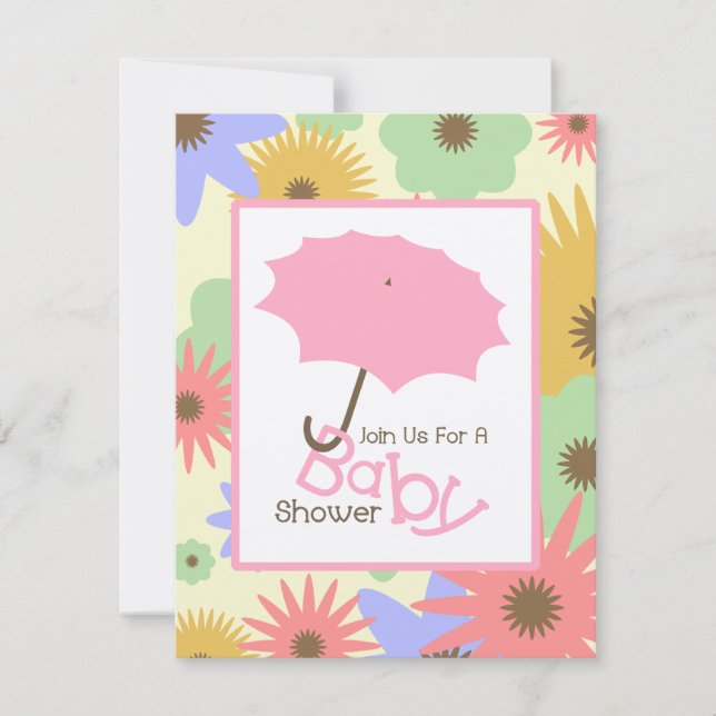 Girl Baby Shower - Pink Umbrella & Pastel Flowers Invitation (Front)