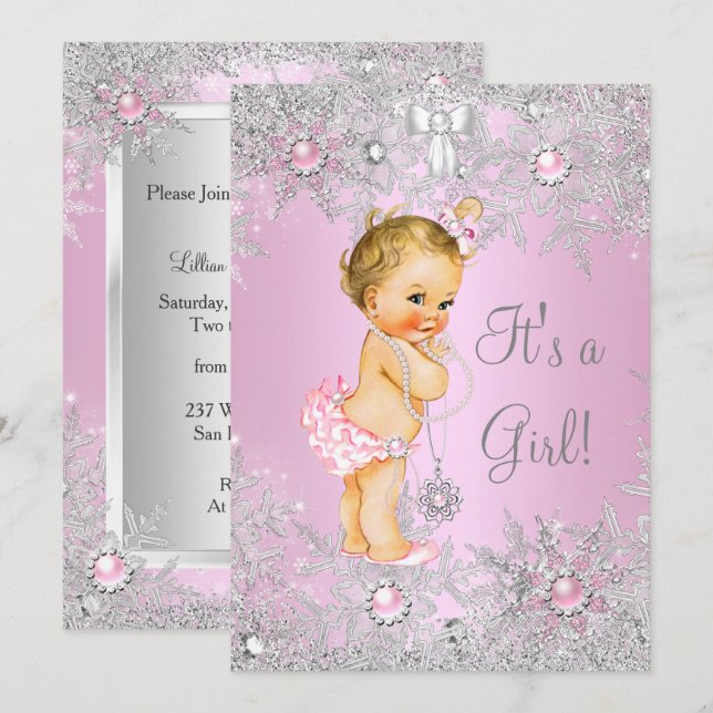 Girl Baby Shower Pink Winter WonderLand Blonde Invitation (Front/Back)