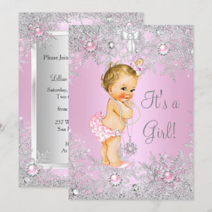 Girl Baby Shower Pink Winter WonderLand Blonde Invitation