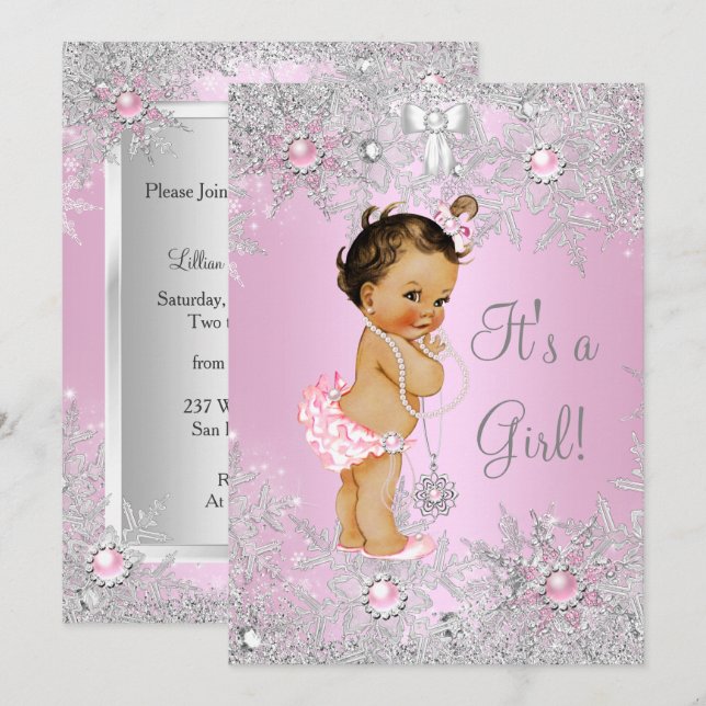 Girl Baby Shower Pink Winter WonderLand Brunette Invitation (Front/Back)