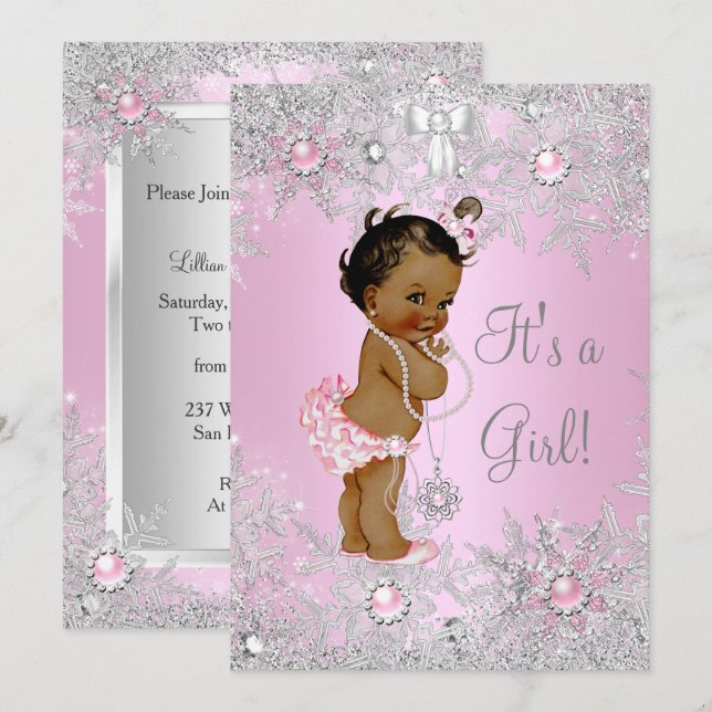 Girl Baby Shower Pink Winter WonderLand Ethnic Invitation (Front/Back)