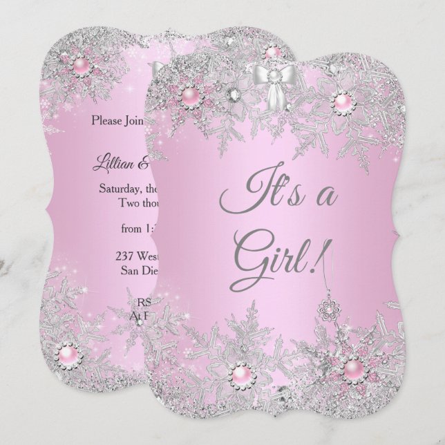 Girl Baby Shower Pink Winter WonderLand Invitation (Front/Back)