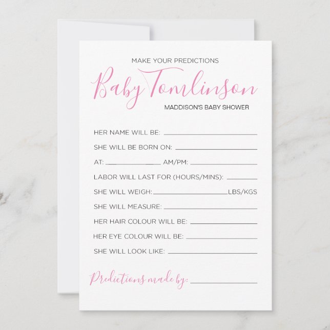 Girl Baby Shower Predictions Guess Game Card (Front)