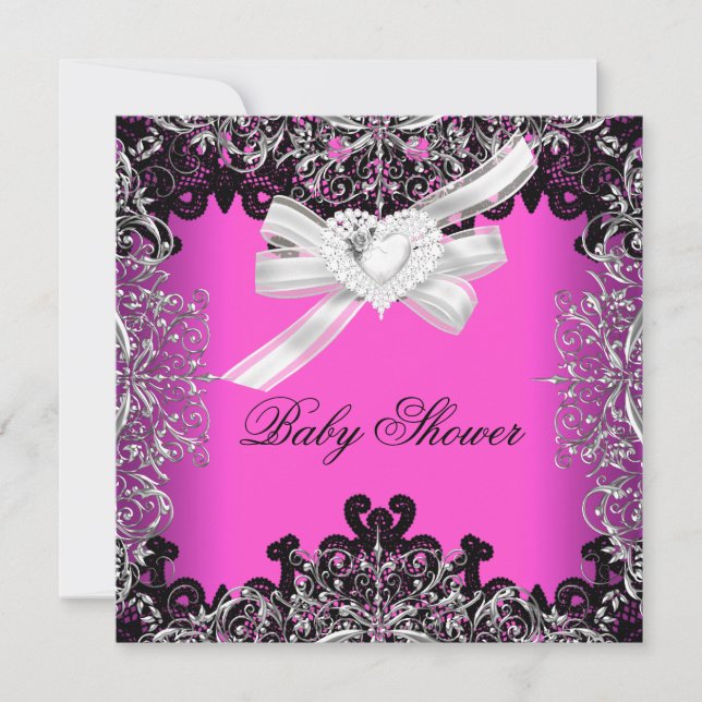 Girl Baby Shower Pretty Hot Pink White Black Invitation (Front)
