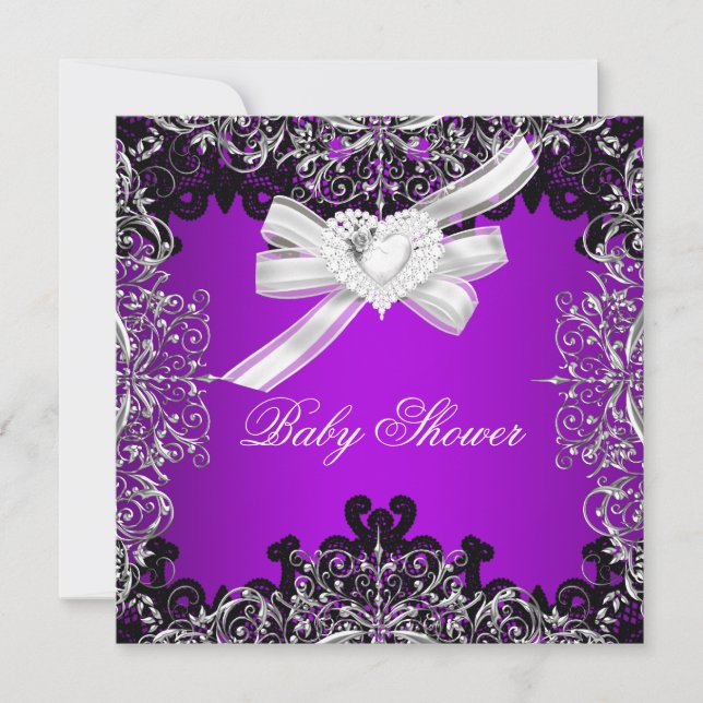 Girl Baby Shower Pretty Purple White Black Invitation (Front)