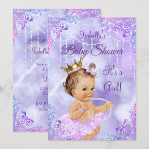 Girl Baby Shower Purple Lilac Pearl Brunette Invitation