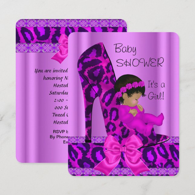 Girl Baby Shower Purple Pink Leopard Invitation (Front/Back)