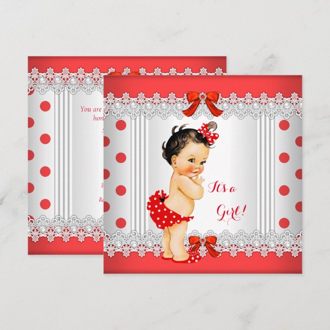 Girl Baby Shower Red White Polka Dots Brunette Invitation (Front/Back)
