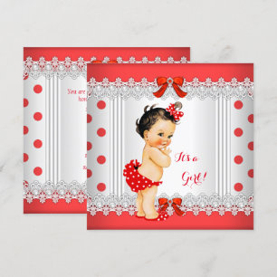 Girl Baby Shower Red White Polka Dots Brunette Invitation