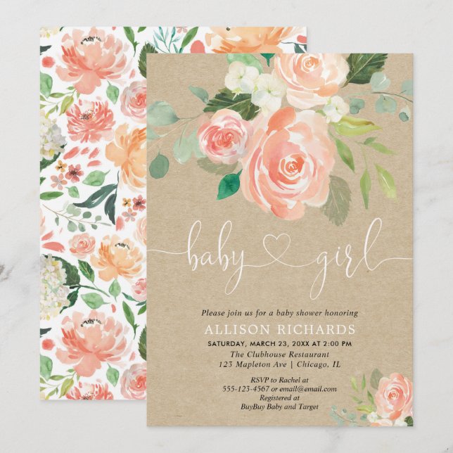 Girl baby shower rustic kraft peach greenery invitation (Front/Back)