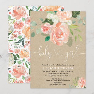 Girl baby shower rustic kraft peach greenery invitation