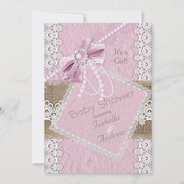 Girl Baby Shower Rustic Pink Bow Lace Burlap 2 Invitation (Front)