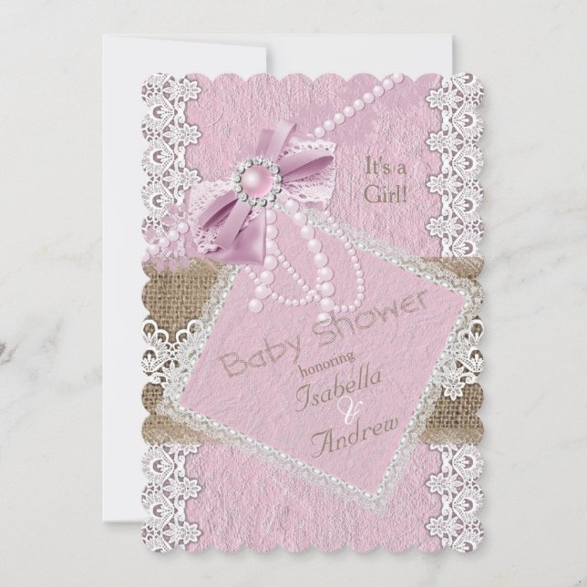 Girl Baby Shower Rustic Pink Bow Lace Burlap 2 Invitation (Front)