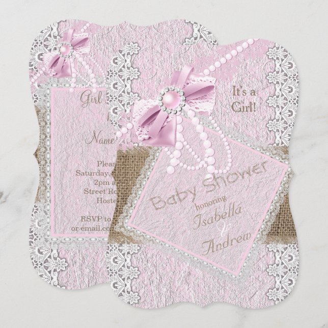Girl Baby Shower Rustic Pink Bow Pearl Lace 2 Invitation (Front/Back)