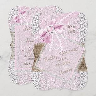 Girl Baby Shower Rustic Pink Bow Pearl Lace 2 Invitation