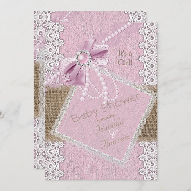 Girl Baby Shower Rustic Pink Bow Pearl Lace Burlap Invitation (Front/Back)