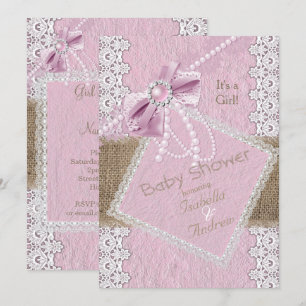 Girl Baby Shower Rustic Pink Bow Pearl Lace Burlap Invitation