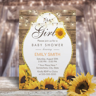 Girl Baby Shower Rustic Sunflowers String Lights Invitation