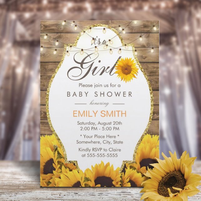 Girl Baby Shower Rustic Sunflowers String Lights Invitation (Creator Uploaded)