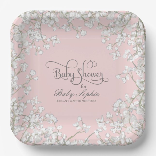 Girl Baby Shower Script Baby's Breath Rustic Paper Plate (Front)