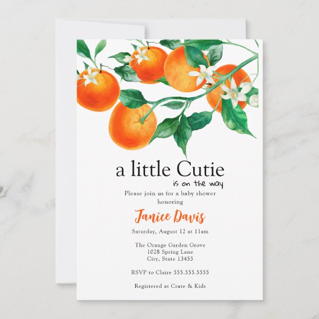 Girl Baby Shower Set, Little Cutie Baby, Orange Invitation (Front)