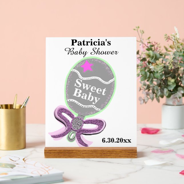 Girl Baby Shower Silver Pink Green Rattle  Acrylic Sign (Wedding)