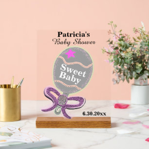 Girl Baby Shower Silver Pink Rattle Acrylic Sign