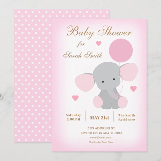 Girl Baby Shower Sprinkle Invitation Elephant Pink (Front/Back)