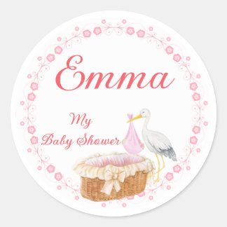 Girl Baby Shower Stickers: Charming Floral Border Classic Round Sticker