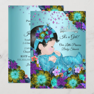 Girl Baby Shower Teal Blue Purple Floral Invitation